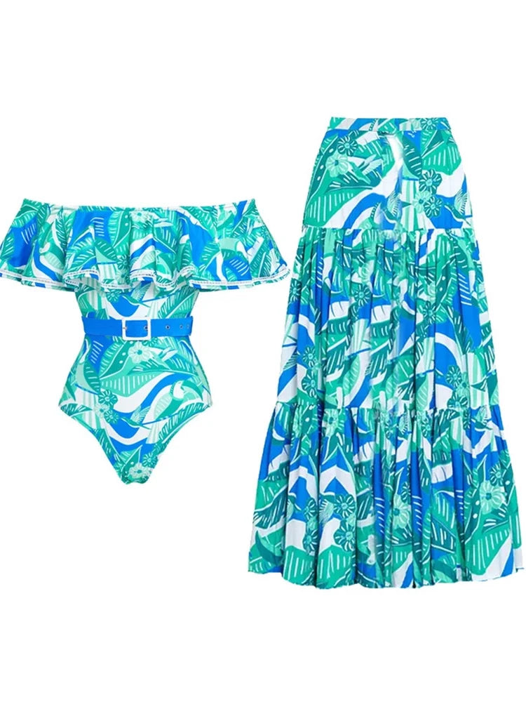 Strapless Ruffle Floral Swimsuit Set