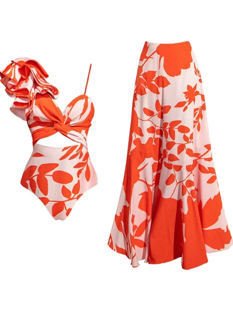 Ruffle Floral Print One-Piece Swimsuit Set