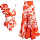 Ruffle Floral Print One-Piece Swimsuit Set