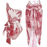 One-Shoulder Palm Print Swimsuit Set
