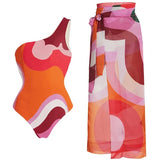 Geometric Print One Piece Swimsuit Set