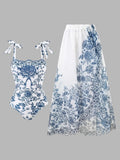 Floral Bow Tie One-Piece Swimsuit Set