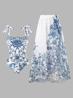Floral Bow Tie One-Piece Swimsuit Set