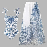 Floral Bow Tie One-Piece Swimsuit Set