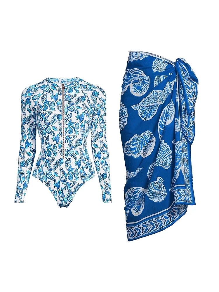 Green Zip-Up Floral Surf Swimsuit Set