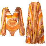 V-Neck Long Sleeve Printed Swimsuit Set