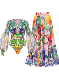 Deep V Lantern Sleeve Printed Swimsuit Set