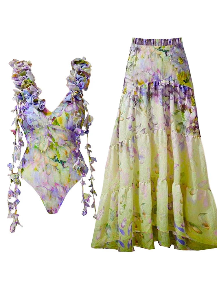 Floral Appliqué Tie-Up Fairy Style Swimsuit