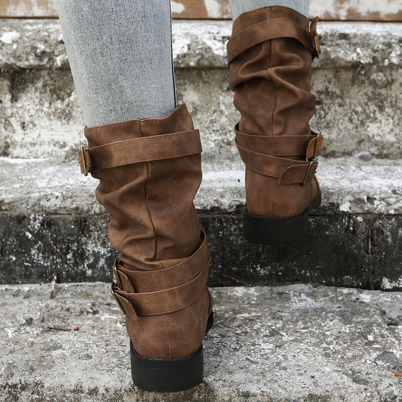 Sloane Luxe Slouch Boots – Buckle-Accented Mid-Calf Flat Boots