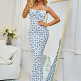 Tie Shoulder Fishtail Hem Floral Print Prom Dress