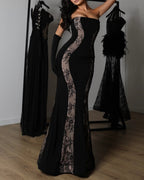 Off-Shoulder Lace Corset Chiffon Thigh Slit Maxi Dress