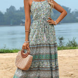 Women's Sleeveless Boho Floral Midi Dress with Spaghetti Straps