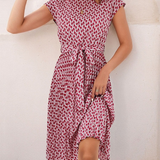 Women's Short Sleeve Patterned Midi Dress with Waist Tie