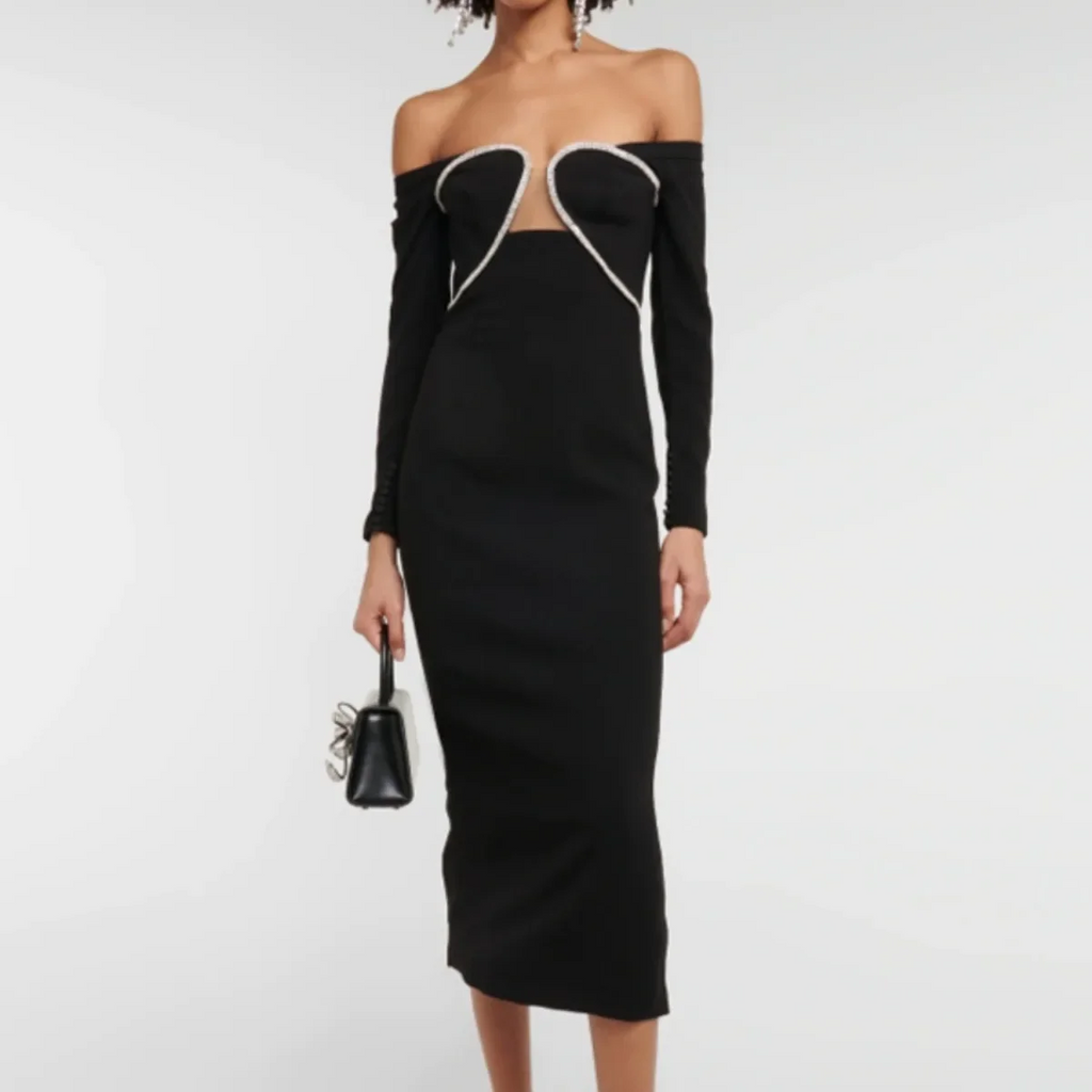 Izara Off Shoulder Rhinestone Midi Dress
