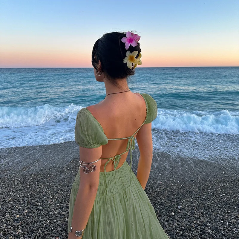 French Strapless Dress – Puff Sleeve Vintage-Inspired Midi