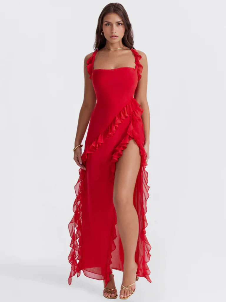 Amber Ruffle High-Slit Maxi Dress – Elegant Summer Statement Look