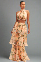 BloomAura Tiered Halter Dress – Elegant Floral Summer Maxi