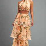 BloomAura Tiered Halter Dress – Elegant Floral Summer Maxi