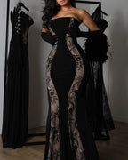Off-Shoulder Lace Corset Chiffon Thigh Slit Maxi Dress