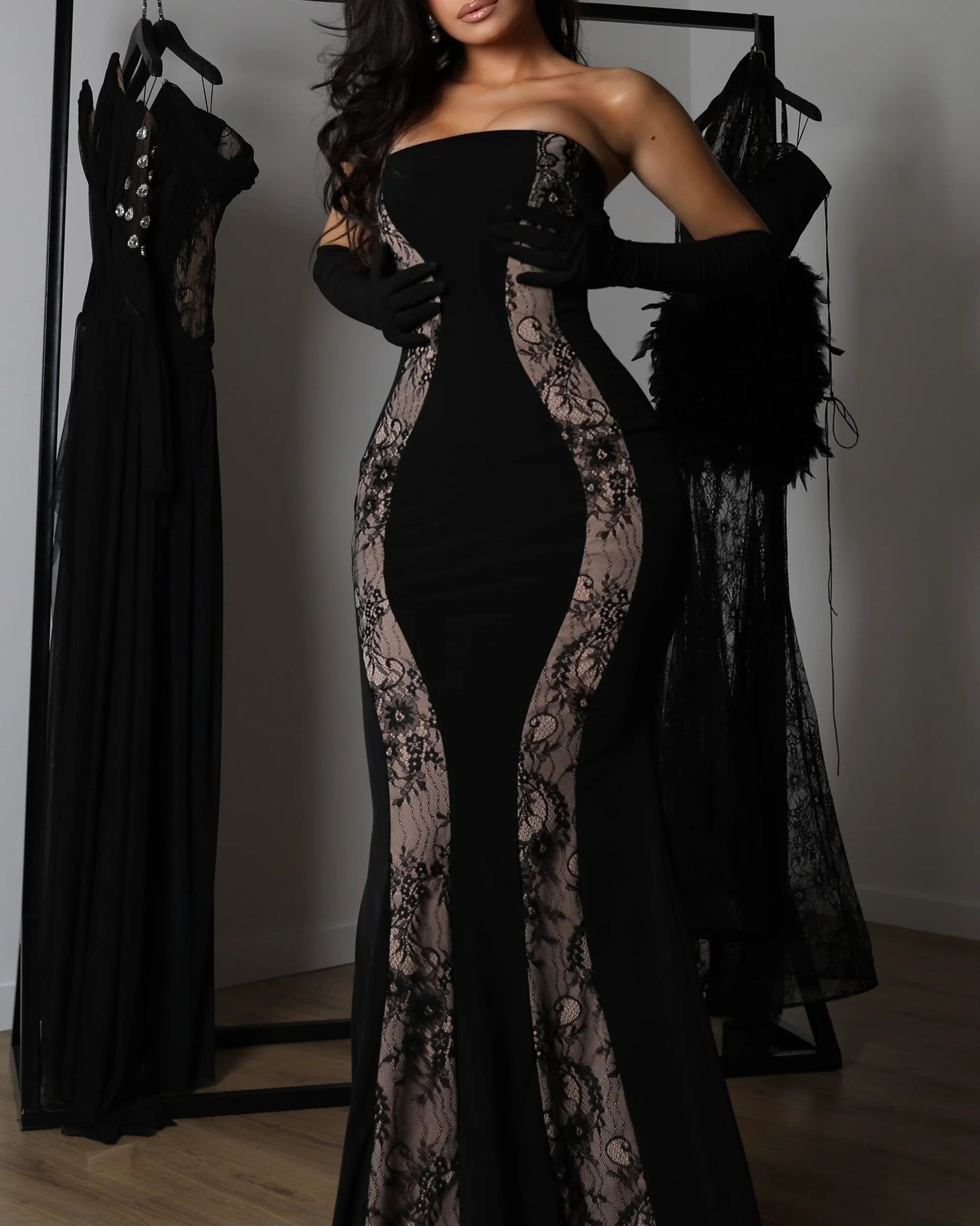 Off-Shoulder Lace Corset Chiffon Thigh Slit Maxi Dress