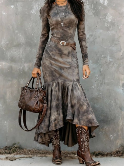 Vintage Polyester Flare Hem Midi Dress