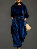 Vintage Brown Velvet Hoodie And Loose-Fitting Trousers Set（Includes Belt）