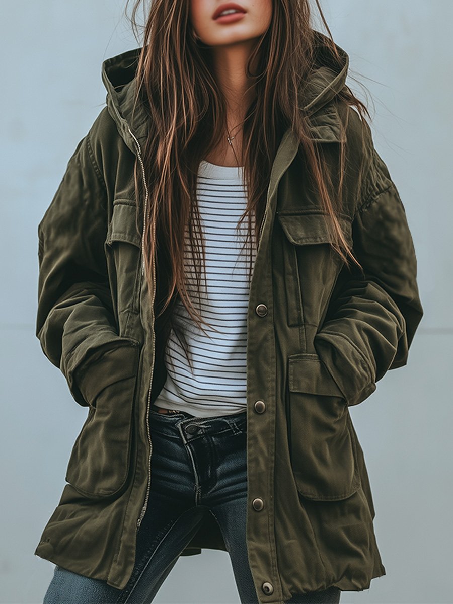 Vintage Casual Hooded Windproof Multi-pocket Work Jacket