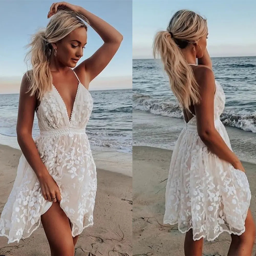 V Neck Backless Lace Long Dress