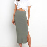 Grey Ribbed Knit Midi Skirts