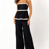 Sleeveless Loose Plain Two-Piece Wavy Lace Wide-Leg Pants Set