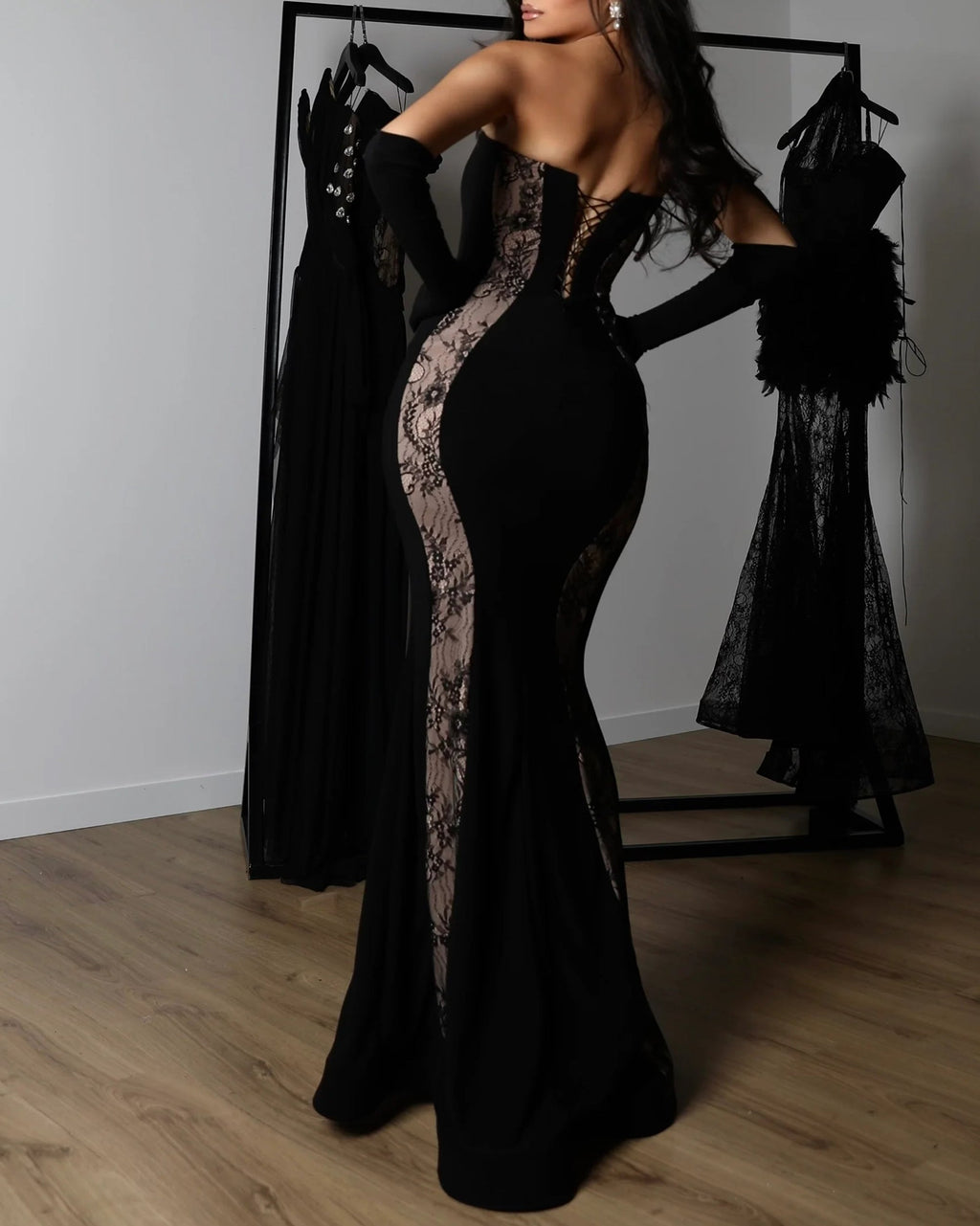 Off-Shoulder Lace Corset Chiffon Thigh Slit Maxi Dress