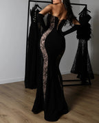 Off-Shoulder Lace Corset Chiffon Thigh Slit Maxi Dress