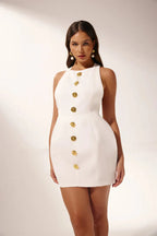 Rosé Cut-Out Mini Dress – Pink Halter Mini with Gold Floral Buttons