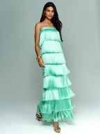 Strapless Fringe Satin Gown