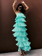 Strapless Fringe Satin Gown