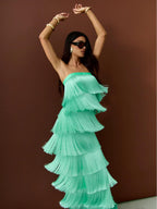 Strapless Fringe Satin Gown