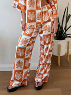 Special Satin Shell Print Wide Leg Pants-Set